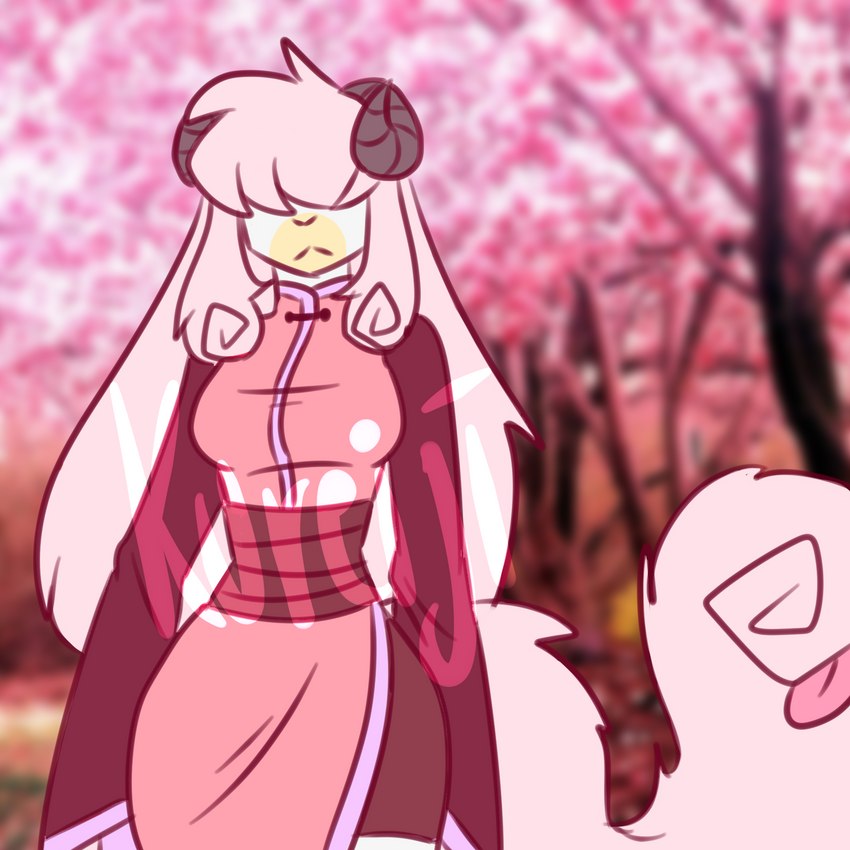 anthro asian_clothing cherry_blossom clothed clothing east_asian_clothing female flower fluffy fluffy_tail hair horn japanese_clothing long_hair long_tail plant prunus_(flower) solo tail tongue white_body crazy_guy_(artist) bovid caprine goat mammal monster_tail 1:1 hi_res