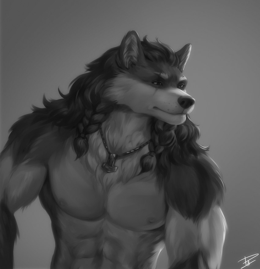 abs alternate_species anthro black_body black_fur black_hair black_nose braided_hair fur furrification grey_background grey_body grey_fur hair jewelry jewelry_only male mjolnir_necklace necklace necklace_only nude simple_background solo personalami chad_(meme) gigachad einarr_(personalami) canid canine canis mammal wolf 2022 digital_media_(artwork) greyscale hi_res meme monochrome reaction_image redraw