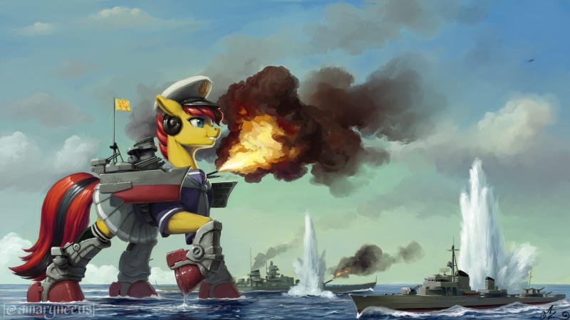 battleship bottomwear clothing female fire flag hat headgear headwear macro mecha_musume sea ship skirt solo vehicle warship water watercraft amarynceus hasbro my_little_pony fan_character earth_pony equid equine horse mammal pony 16:9 2019 hi_res widescreen