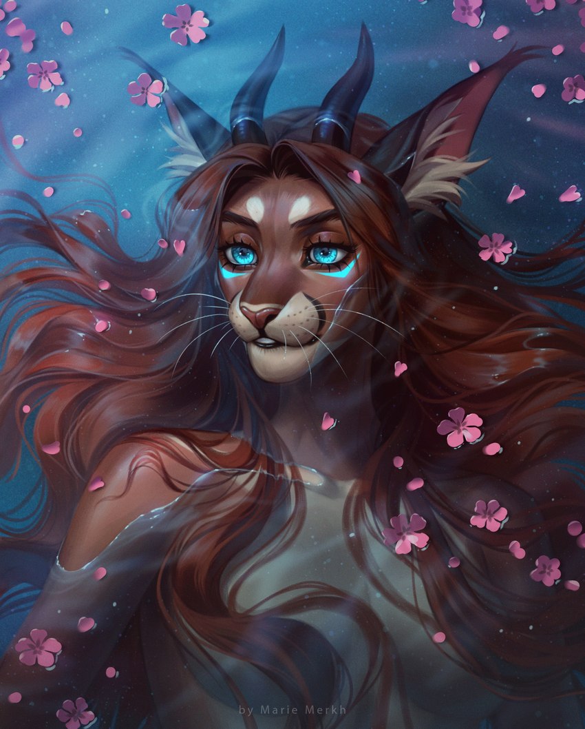 anthro blue_eyes brown_body brown_fur brown_hair brown_horn brown_nose eyelashes female flower front_view fur glistening glistening_eyes hair horn inner_ear_fluff long_hair nude partially_submerged pink_flower plant solo tan_body tan_fur tan_inner_ear_fluff text tuft water whiskers marie_merkh marie_(marie_merkh) felid mammal absurd_res english_text hi_res