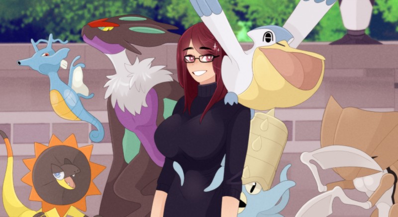 clothed clothing feral group putridpiranha nintendo pokemon trainer_iris fossil_pokemon generation_1_pokemon generation_2_pokemon generation_3_pokemon generation_6_pokemon heliolisk human kabutops kingdra mammal noivern omastar pelipper pokemon_(species) hi_res