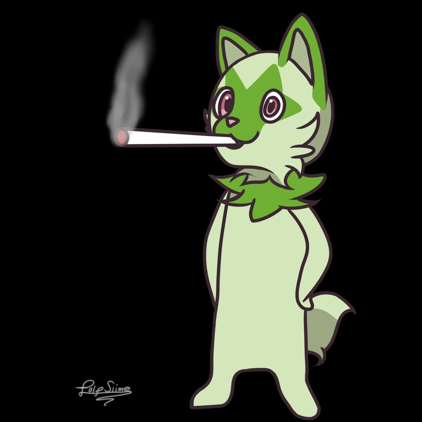 ambiguous_gender drugs feral fur green_body green_fur marijuana pose red_nose smoke smoking solo folfslime mario_smoking_weed nintendo pokemon ralsei_smoking_blunt felid feline generation_9_pokemon mammal pokemon_(species) sprigatito 1:1 absurd_res hi_res