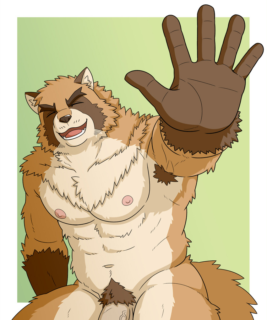 anthro armpit_hair barazoku blue_eyes body_hair brown_body brown_fur eyes_closed fur genitals humanoid_hands kemono male muscular muscular_anthro muscular_male nipples penis pubes simple_background sitting solo jacklantern_11 canid canine mammal raccoon_dog tanuki 2020 5:6 hi_res