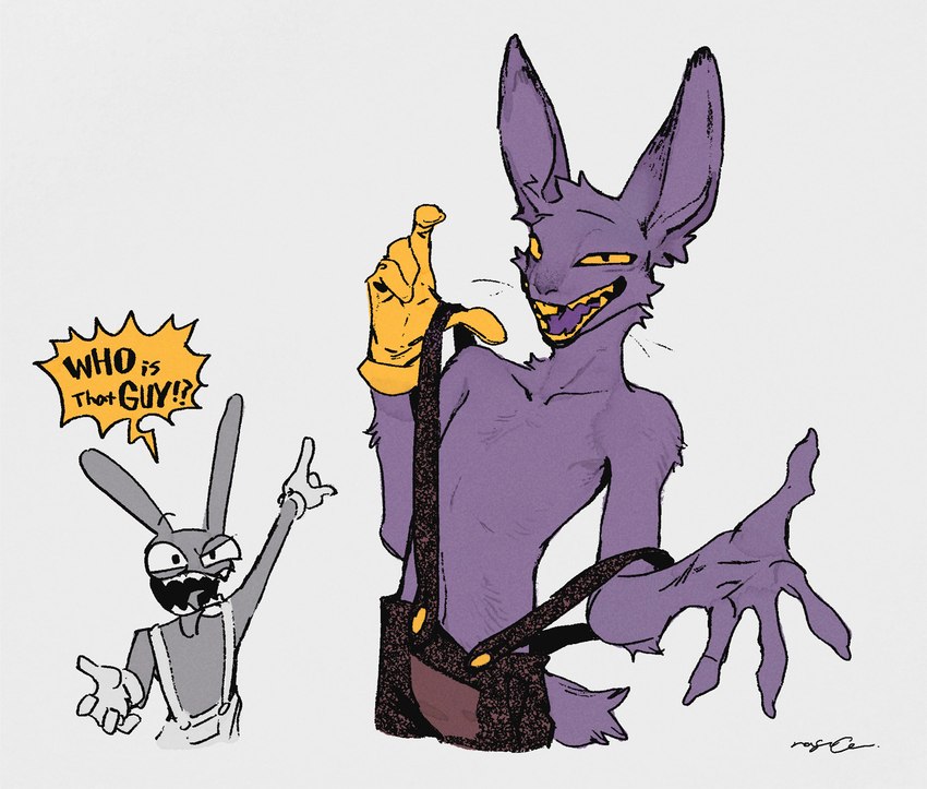 anthro buckteeth clothed clothing duo gloves handwear male one_glove teeth text mucknagabe glitch_productions the_amazing_digital_circus jax_(tadc) lagomorph leporid mammal rabbit english_text hi_res