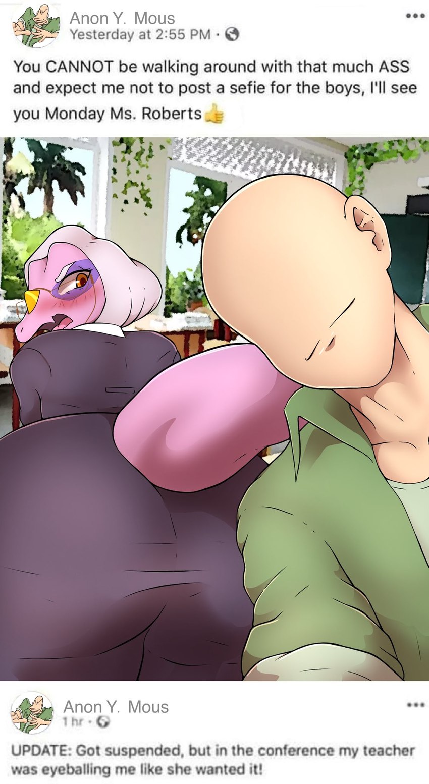 anthro bald bent_over big_butt blush bubble_butt butt clothing detailed_background dress duo eyewear female glasses grey_hair hair jacket leaning leaning_forward light-skinned_male light_body light_skin long_tail looking_back male purple_body purple_scales rear_view scales short_hair smile tail text thick_thighs topwear wide_hipped_female wide_hips yellow_eyes frederickjdr cavemanon_studios facebook goodbye_volcano_high snoot_game anon_(snoot_game) mrs._roberts_(gvh) ceratosaurid ceratosaurus dinosaur human mammal prehistoric_species reptile scalie theropod 2024 digital_drawing_(artwork) digital_media_(artwork) english_text hi_res