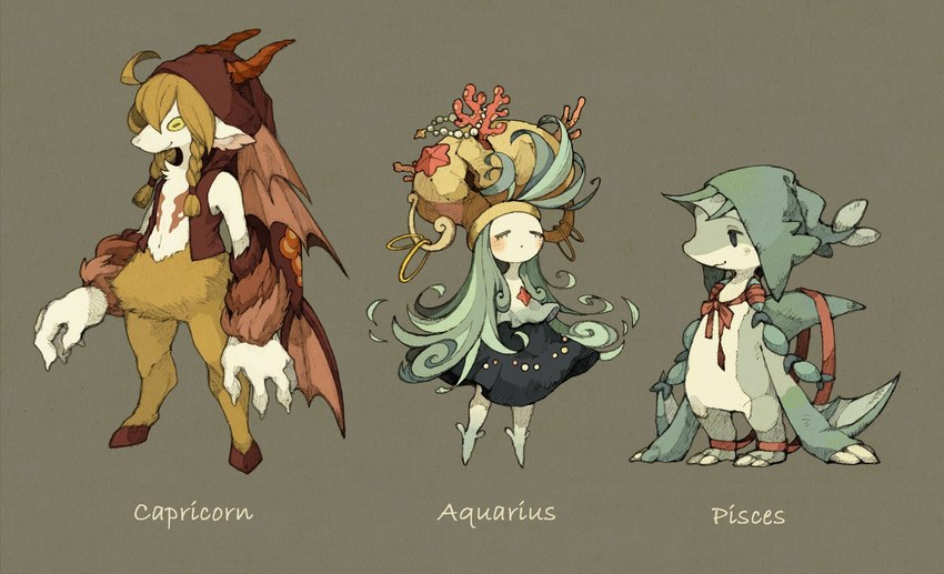 anthro clothed clothing female male membrane_(anatomy) membranous_wings split_form wings maniani0122 western_zodiac aquarius_(zodiac) capricorn_(zodiac) pisces_(zodiac) bovid caprine caprine_demon demon fish goat_demon humanoid mammal marine merfolk shark hi_res