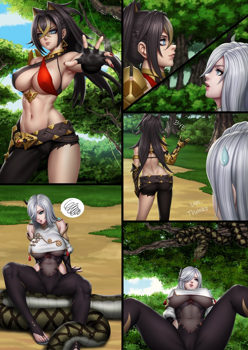 big_breasts blue_eyes braided_hair breasts coiling female female_prey feral feral_pred grass grey_hair hair huge_breasts human_prey light_body light_skin long_hair plant tan_body tan_skin trail tree under_boob onewasho genshin_impact mihoyo dehya_(genshin_impact) shenhe_(genshin_impact) anaconda boa_(snake) boinae human mammal reptile scalie snake absurd_res hi_res