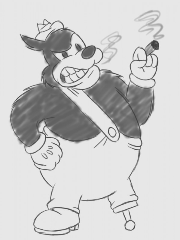 anthro black_body black_fur cigar clenched_teeth clothed clothing fleischer_style_toon fur looking_at_viewer male overweight overweight_anthro overweight_male pegleg smoking solo teeth toony itoruna disney pegleg_pete pete_(disney) domestic_cat felid feline felis mammal 2018 digital_media_(artwork) greyscale hi_res monochrome