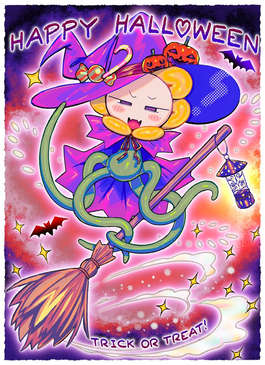 broom broom_riding cape cleaning_tool clothing flower hat headgear headwear holidays jack-o'-lantern lamp lantern male plant solo tentacles trick-or-treating witch_costume witch_hat retsuzyohana halloween undertale undertale_(series) flowey_the_flower bat elemental_creature flora_fauna flower_creature mammal hi_res