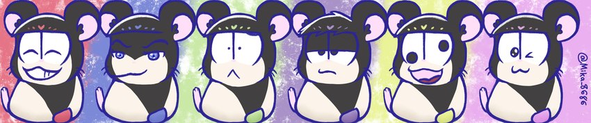 alternate_species black_body black_fur blue_eyes blue_tail feral fur furrification green_tail group hair male pink_nose pink_tail purple_tail red_tail simple_background tail whiskers white_body white_fur wide_image yellow_tail lunarpanda8686 hamtaro_(series) mr._osomatsu choromatsu_matsuno ichimatsu_matsuno jyushimatsu_matsuno karamatsu_matsuno osomatsu_matsuno todomatsu_matsuno cricetid hamster mammal rodent crossover digital_drawing_(artwork) digital_media_(artwork) hi_res long_image shaded soft_shading