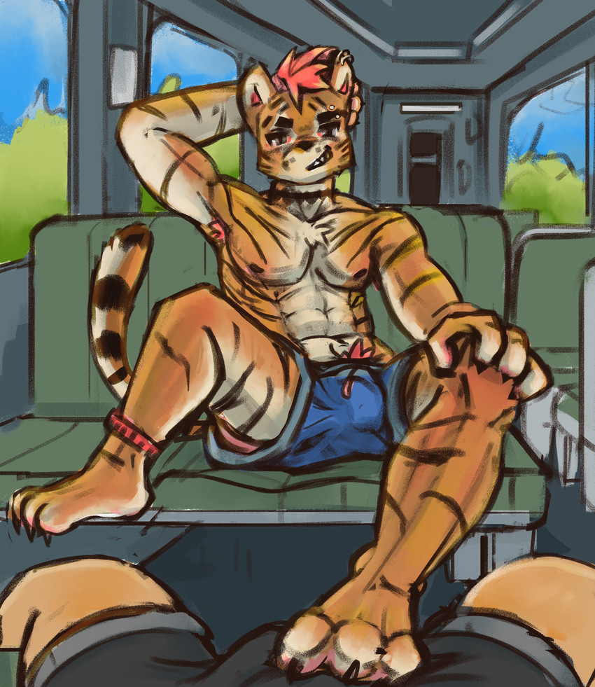 3_toes abs anthro armpit_hair barefoot body_hair bulge bulge_fondling claws clothed clothing duo feet first_person_view foot_fetish foot_focus foot_play footjob fur hair humanoid_hands inside_train looking_at_viewer male male/male muscular muscular_male nipples orange_body orange_fur paws pecs plant pubes public sex smile solo_focus stripes tan_body tan_fur toe_claws toes topless train tree vehicle cloudyfurr tyler_cloudyfurr felid mammal pantherine tiger absurd_res digital_media_(artwork) hi_res