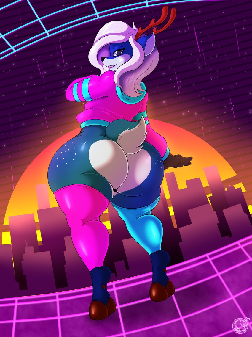 anthro antlers big_butt blue_body bottomless butt clothed clothing curvy_figure femboy grid_floor hair hoodie horn huge_butt legwear looking_at_viewer looking_back male multicolored_body rear_view short_tail skyline solo sunset synthwave tail thick_thighs thigh_highs topwear two_tone_body white_hair conditional_dnp suirano fiann_croiatlas deer mammal 2024 3:4 absurd_res hi_res