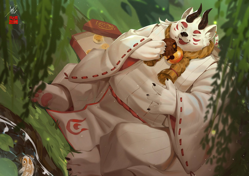 anthro belly black_nose clothing detailed_background eyes_closed fur horn humanoid_hands kemono male outside overweight overweight_anthro overweight_male robe sitting solo white_body white_fur jmeo1230 mammal 2020 hi_res