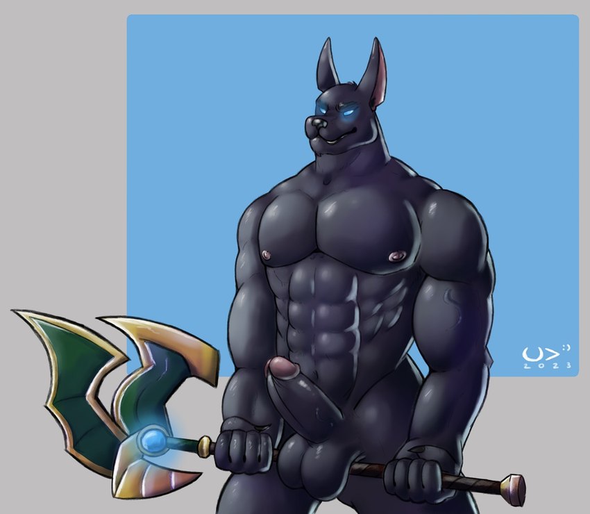 abs anthro balls black_body black_fur erection fur genitals glowing glowing_eyes looking_at_viewer male muscular nipples nude pecs penis solo staff weapon ultra_vermin league_of_legends riot_games tencent nasus_(lol) anubian_jackal canid canine canis humanoid jackal mammal digital_media_(artwork)