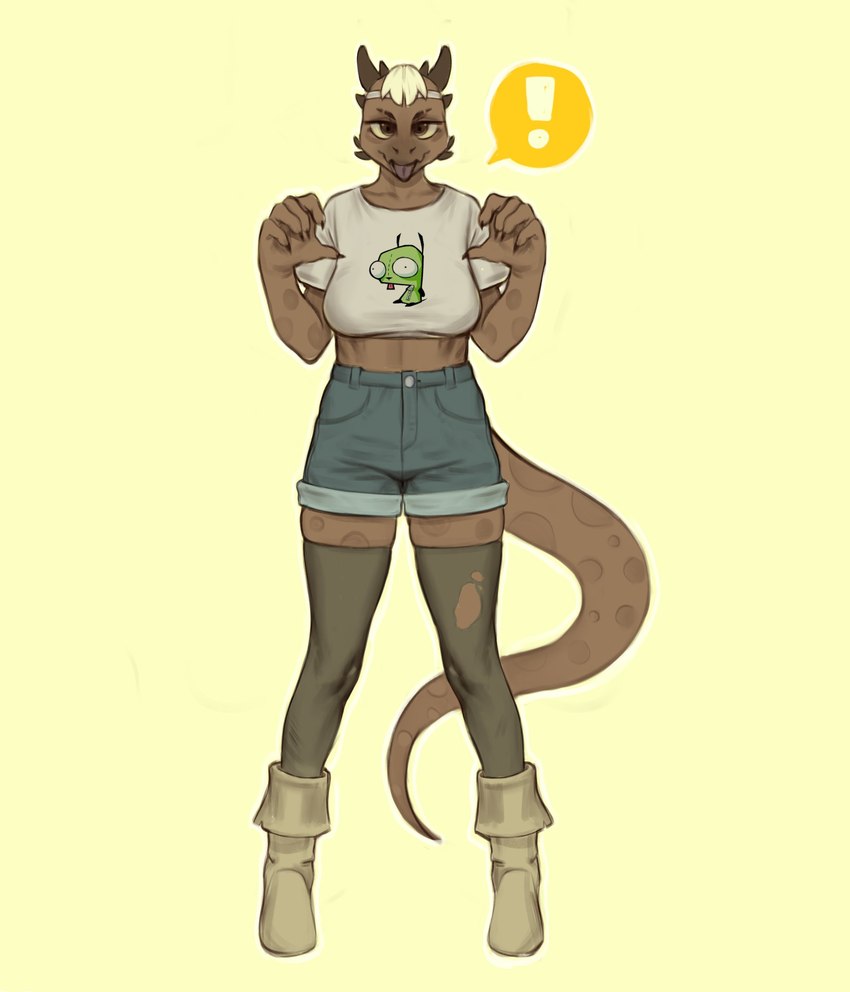 accessory anthro boots bottomwear brown_body brown_eyes brown_skin claws clothing costume denim denim_bottomwear denim_clothing denim_shorts female footwear hair headband horn shoes shorts solo tail tongue tongue_out topwear white_hair pinwired invader_zim nickelodeon gir_(invader_zim) reptile scalie absurd_res hi_res