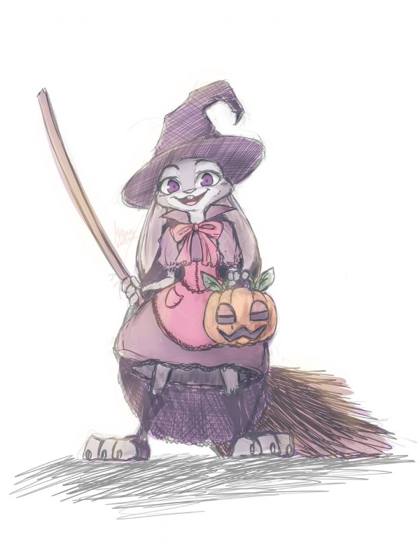 anthro broom buckteeth cleaning_tool clothing costume hat headgear headwear holding_object looking_at_viewer open_mouth open_smile simple_background smile solo standing teeth white_background witch_hat marema_kishin disney zootopia judy_hopps lagomorph leporid mammal rabbit 2019 3:4 hi_res