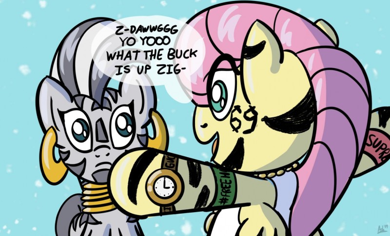 armband clock duo ear_piercing ear_ring feathers jewelry necklace piercing racial_slur racism ring_piercing slur speciesism stripes text watch wings wristband ashtoneer_(artist) friendship_is_magic hasbro my_little_pony mythology fluttershy_(mlp) zecora_(mlp) equid equine mammal mythological_creature mythological_equine pegasus zebra english_text hi_res