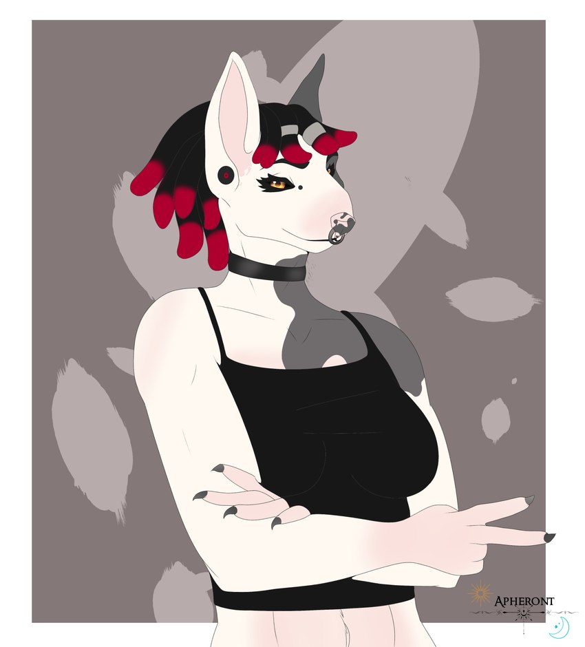 anthro black_sclera clothing collar dreadlocks female fur piercing pink_body pink_skin shirt simple_background smile smiling_at_viewer solo tank_top topwear white_body white_fur apheront bull_terrier canid canine canis domestic_dog hunting_dog mammal terrier absurd_res hi_res