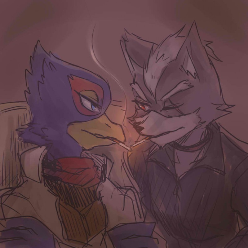 anthro blue_body blue_eyes blue_feathers cigarette clothed clothing duo feathers fur kemono looking_at_another looking_at_partner male red_body red_eyes red_feathers smile smoking s_mino930 nintendo star_fox falco_lombardi wolf_o'donnell avian bird canid canine canis mammal wolf 1:1