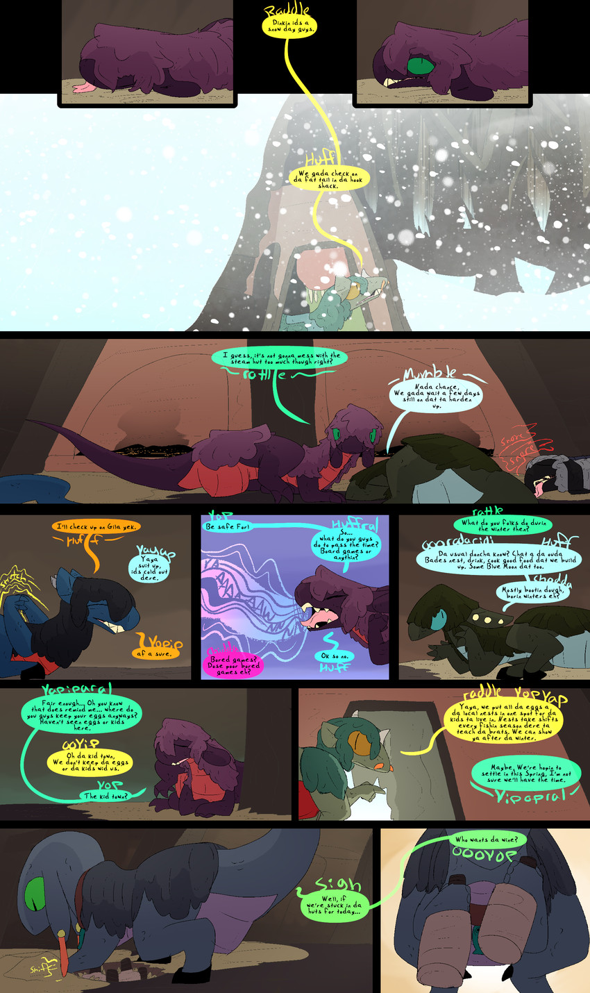 dialogue fantasy female feral group inside male post-apocalyptic snow text winter thepatchedragon dragonscape mythology forl_(thepatchedragon) hiker_(thepatchedragon) jat_(thepatchedragon) dinosaur dragon drekir mythological_creature mythological_scalie prehistoric_species reptile scalie theropod absurd_res comic english_text hi_res