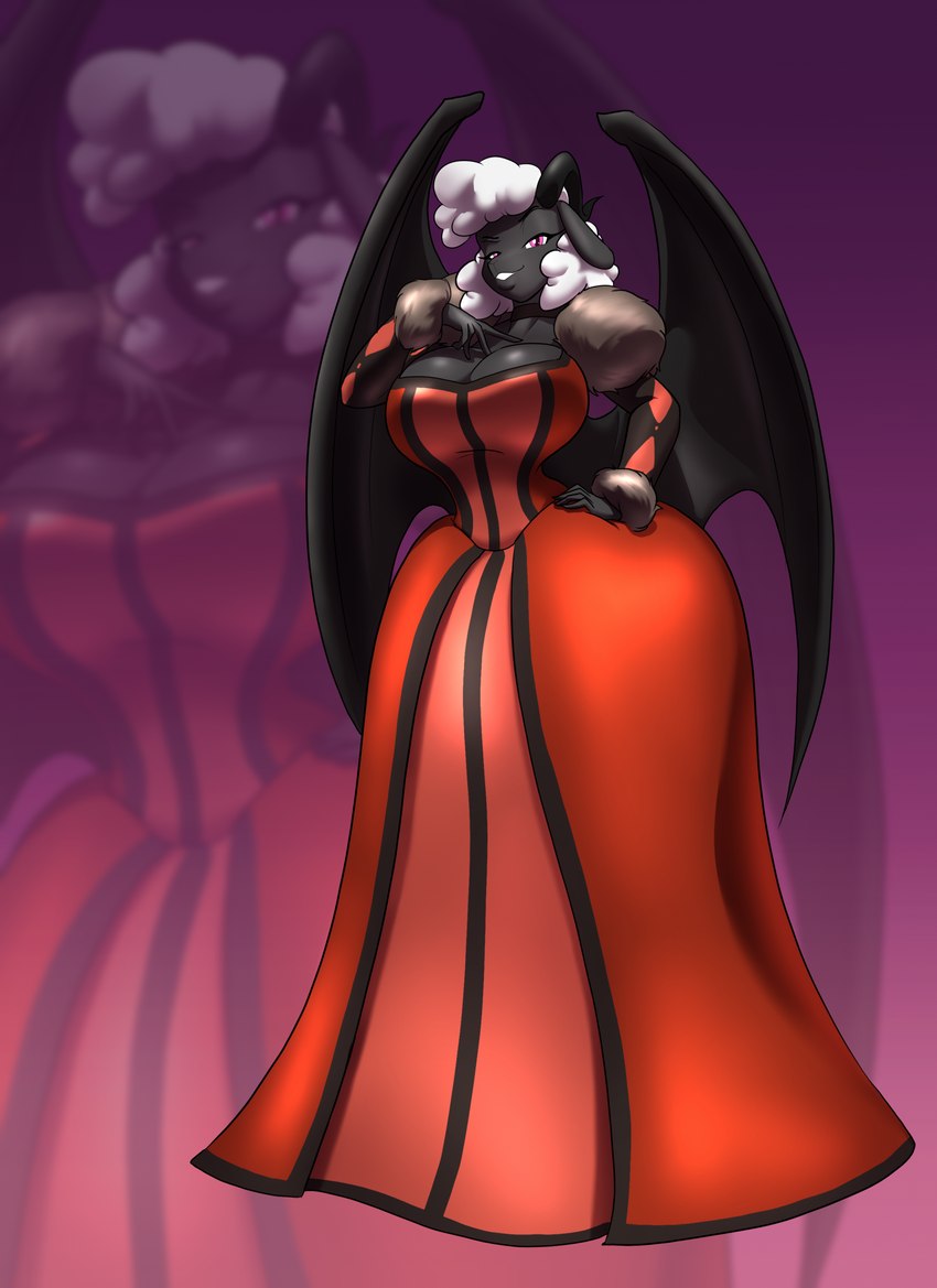 ball_gown big_breasts breasts cleavage clothed clothing cosplay dress female hand_on_hip looking_at_viewer membrane_(anatomy) membranous_wings pink_eyes smile solo wings toughset bovid caprine demon mammal sheep hi_res