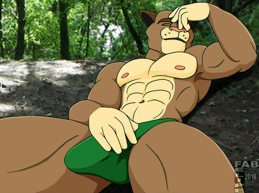 5_fingers abs anthro biceps black_inner_ear brown_body brown_eyebrows brown_fur bulge clothed clothing detailed_bulge eyebrows eyes_closed fingers fur fur_markings genital_outline gloves_(marking) green_clothing green_thong green_underwear hand_on_bulge lying male markings mouth_closed multicolored_body multicolored_fur muscular muscular_anthro muscular_male navel nipples on_back on_ground pecs penis_outline pink_nipples pink_nose solo tan_body tan_fur thong thong_only topless topless_anthro topless_male underwear underwear_only whisker_spots fabfelipe cougar felid feline mammal 2018 digital_media_(artwork)