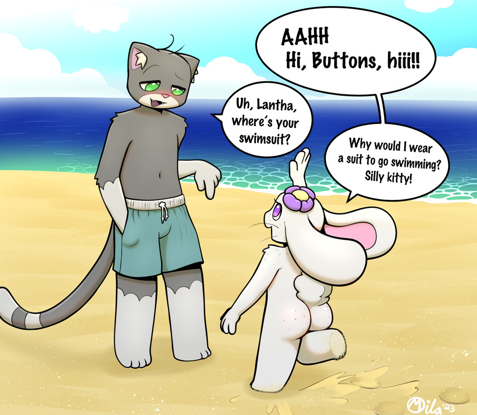 accessory anthro beach blush casual_nudity clothed clothed/nude clothed_male clothing day detailed_background dialogue duo eye_contact female flower flower_in_hair flower_on_head hair hair_accessory long_ears looking_at_another male male/female nude only_one_nude outdoor_nudity outside plant public public_nudity running sand sea seaside shortstack size_difference standing swimming_trunks swimwear tail text water young young_anthro milachu92 buttons_(milachu92) lantha domestic_cat felid feline felis lagomorph leporid mammal rabbit 2023 english_text hi_res signature adult_(lore)