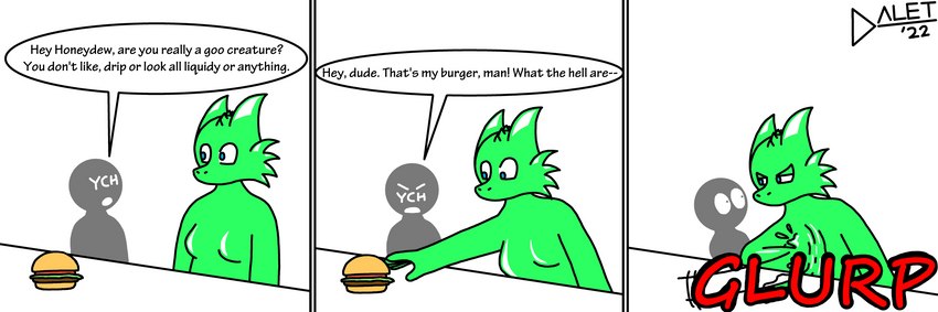 annoyed burger dialogue duo faceless_character faceless_male food furniture green_body humor ingestion male moobs nude onomatopoeia overweight overweight_male simple_background slightly_chubby slightly_chubby_male sound_effects speech_bubble table text wide_eyed daletfours mythology honeydew_(daletfours) ych_(character) dragon goo_creature humanoid mythological_creature mythological_scalie scalie 3:1 absurd_res comic english_text hi_res