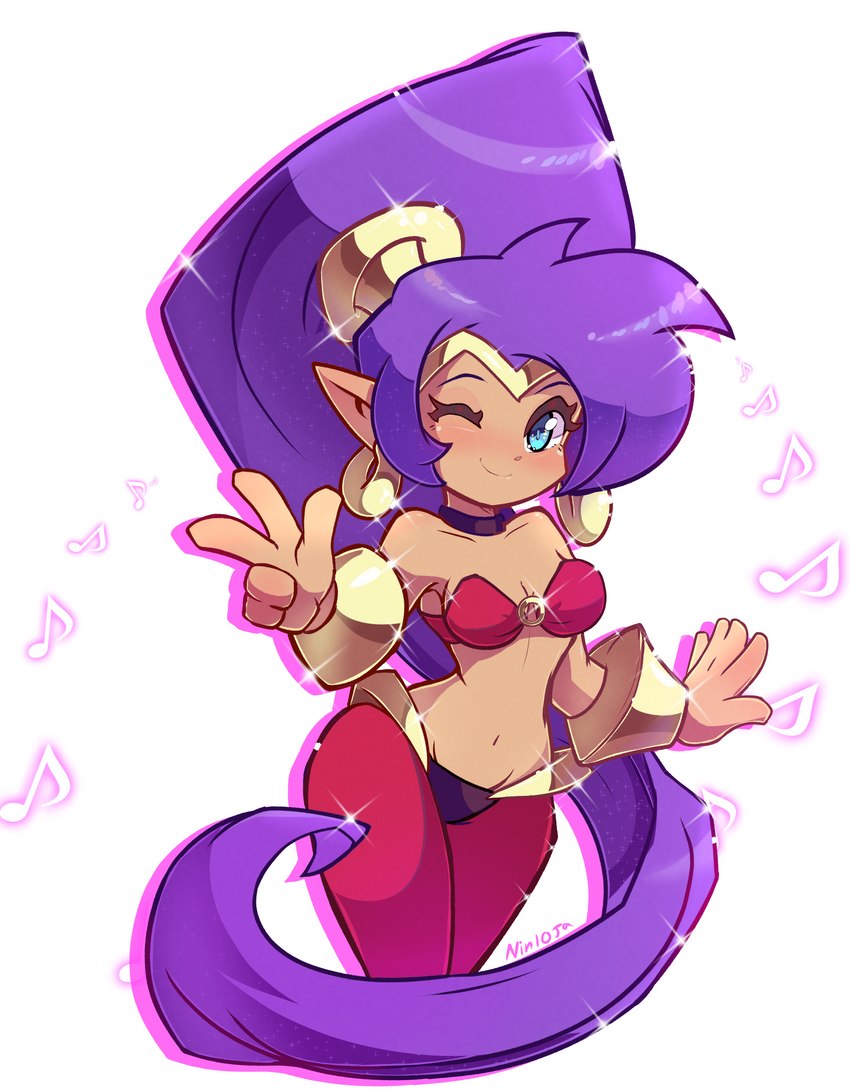 5_fingers blue_eyes breasts clothing ear_piercing ear_ring female fingers hair humanoid_pointy_ears long_hair looking_at_viewer musical_note musical_symbol not_furry one_eye_closed piercing pointy_ears ponytail purple_hair ring_piercing simple_background solo symbol wink nin10ja shantae_(series) wayforward shantae genie humanoid 2022 absurd_res hi_res signature