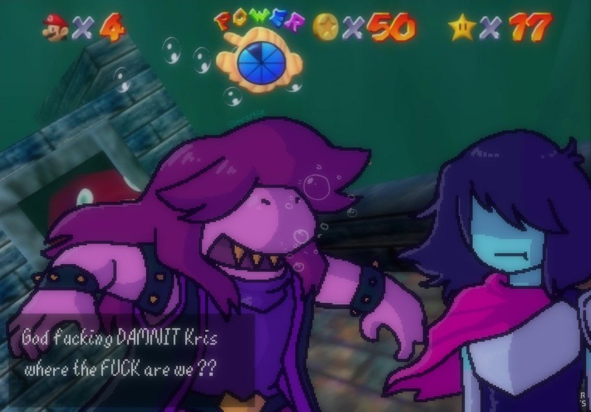 anthro bubble clothed clothing female group hair hair_over_eyes humor long_hair male parody profanity purple_body purple_hair screencap screencap_background sharp_teeth teeth text text_box trio underwater water mcartiie deltarune kris_where_are_we mario_bros nintendo undertale_(series) kris_(deltarune) susie_(deltarune) unagi_(mario) dinosaur eel fish human mammal marine prehistoric_species reptile scalie 2021 english_text meme