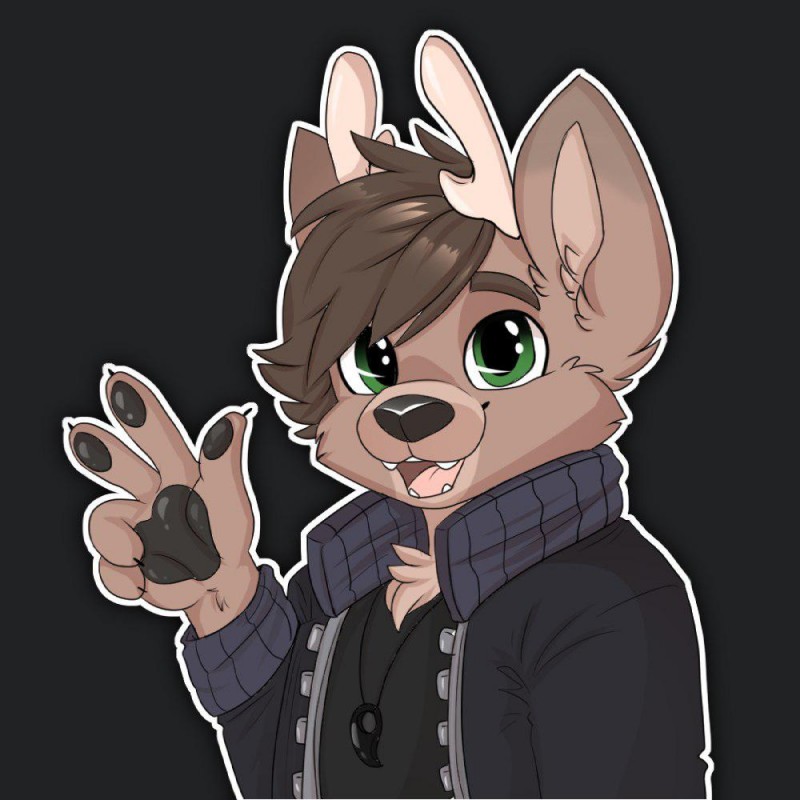 5_fingers anthro antlers brown_body brown_fur brown_hair clothed clothing fingers fur gesture green_eyes grey_background hair horn jacket jewelry male necklace open_mouth pendant simple_background solo topwear waving young young_anthro young_male lylejones lyle_jones canid canine canis deer domestic_dog hybrid mammal 1:1