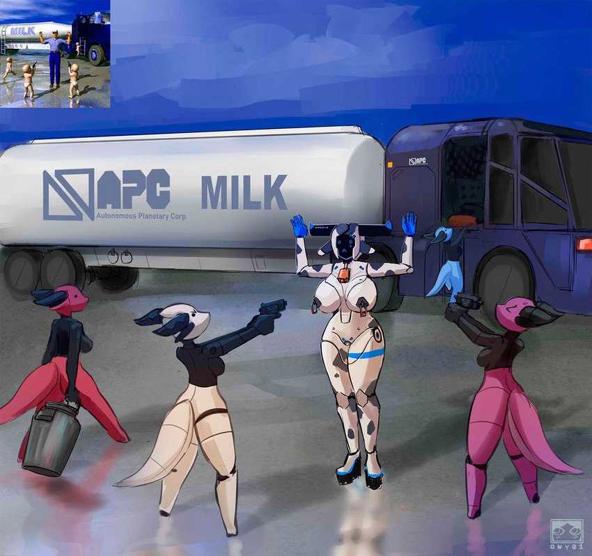 anthro bodily_fluids breast_milking butt collar cowbell curvy_figure female group gun horn lactating machine male milk milk_tank neck_bell nipple_piercing nipples piercing ranged_weapon screen screen_face short_stack tactical_gear tank truck_(vehicle) vehicle weapon what white_body wide_hips ony01 bovid bovine cattle humanoid kobold mammal robot hi_res meme