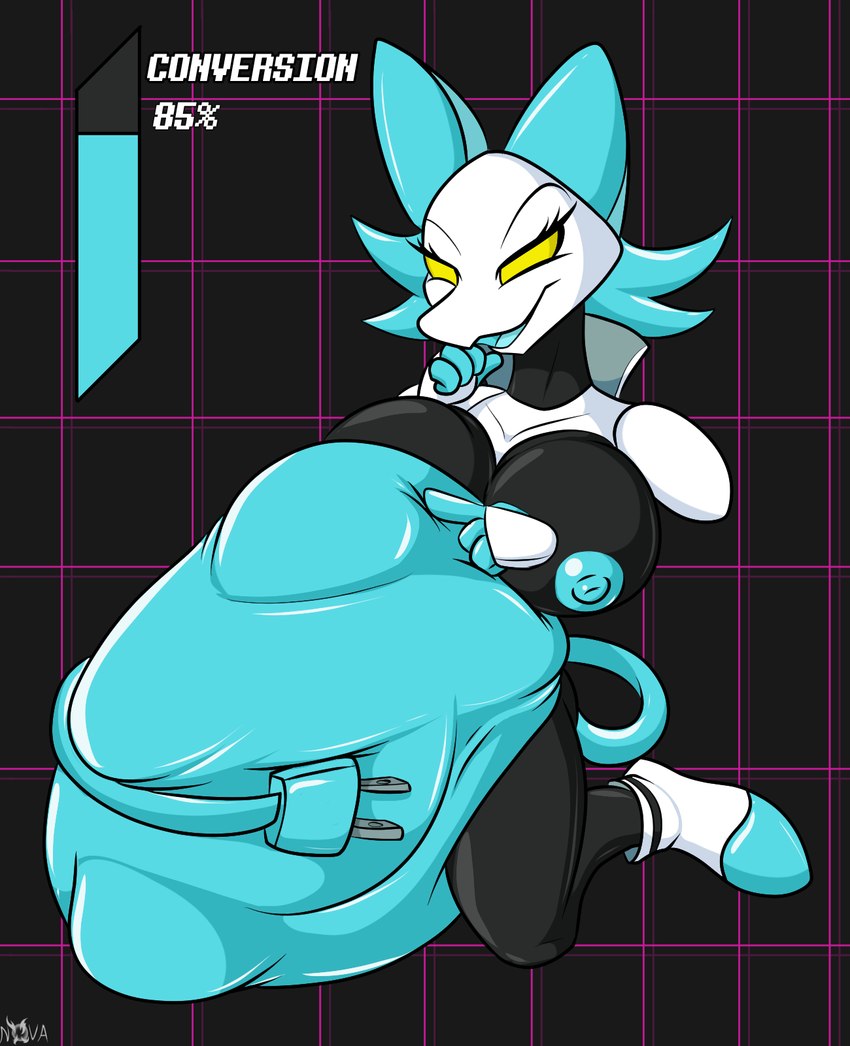 abdominal_bulge anthro areola belly big_breasts blue_areola blue_hair blue_nipples breasts corruption female floating_hands game_ui hair machine nipples solo thick_thighs transformation unbirthing vaginal vore yellow_eyes novaspark deltarune undertale_(series) tasque_manager darkner felid feline mammal robot digital_media_(artwork) hi_res