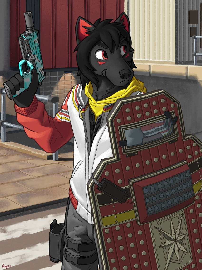 anthro ballistic_shield black_body black_fur black_hair clothing fur gun hair handgun holster jacket male markings pistol ranged_weapon red_ears red_markings shield solo tactical topwear weapon royceredford rainbow_six:_siege alexzandr_sokolov blitz_(rainbow_six) canid canine canis mammal wolf 3:4 absurd_res hi_res