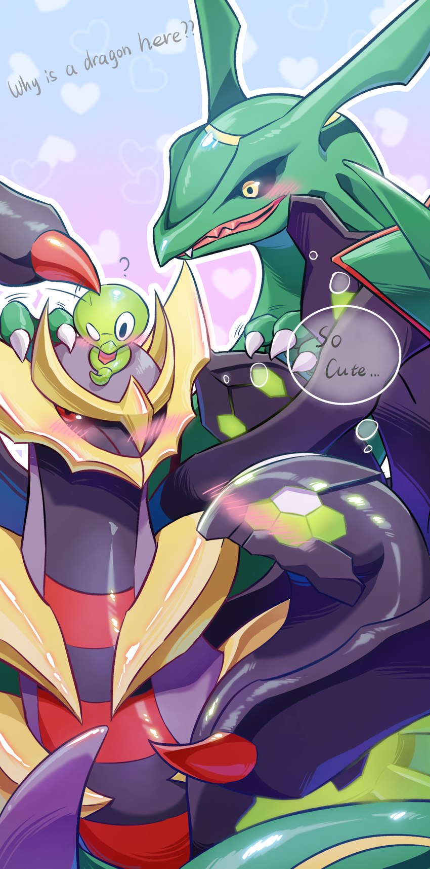 ambiguous_gender blush entangled group heart_background petting simple_background trio ranabysson nintendo pokemon generation_3_pokemon generation_4_pokemon generation_6_pokemon generation_7_pokemon giratina legendary_pokemon origin_forme_giratina pokemon_(species) rayquaza zygarde zygarde_50_forme zygarde_core absurd_res hi_res