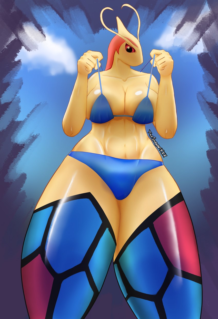 anthro big_breasts bikini bikini_bottom bikini_top breasts clothing cloud female glistening glistening_body hair larger_female multicolored_body pink_hair red_eyes size_difference sky solo swimwear thick_thighs two-piece_swimsuit thesnapperxxx nintendo pokemon generation_3_pokemon humanoid milotic pokemon_(species) absurd_res hi_res