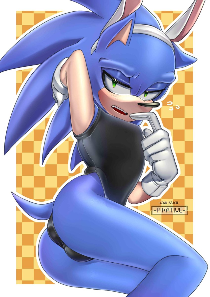 anthro anus_outline bunny_costume butt clothing costume fake_ears fake_rabbit_ears femboy gloves handwear male raised_arm solo pikative sega sonic_the_hedgehog_(series) sonic_the_hedgehog eulipotyphlan hedgehog mammal hi_res