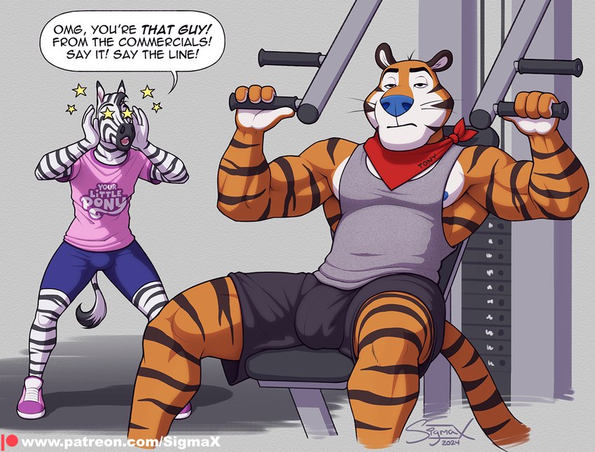 anthro black_body black_ears black_fur black_stripes blue_nose bottomwear bulge clothing dialogue duo exercise fur locker_room male mascot muscular muscular_male orange_body orange_fur pants shirt striped_body stripes tail text topwear weight_machine weightlifting workout sigma_x frosted_flakes hasbro kellogg's my_little_pony tony_the_tiger equid equine felid mammal pantherine tiger zebra 2024 comic english_text