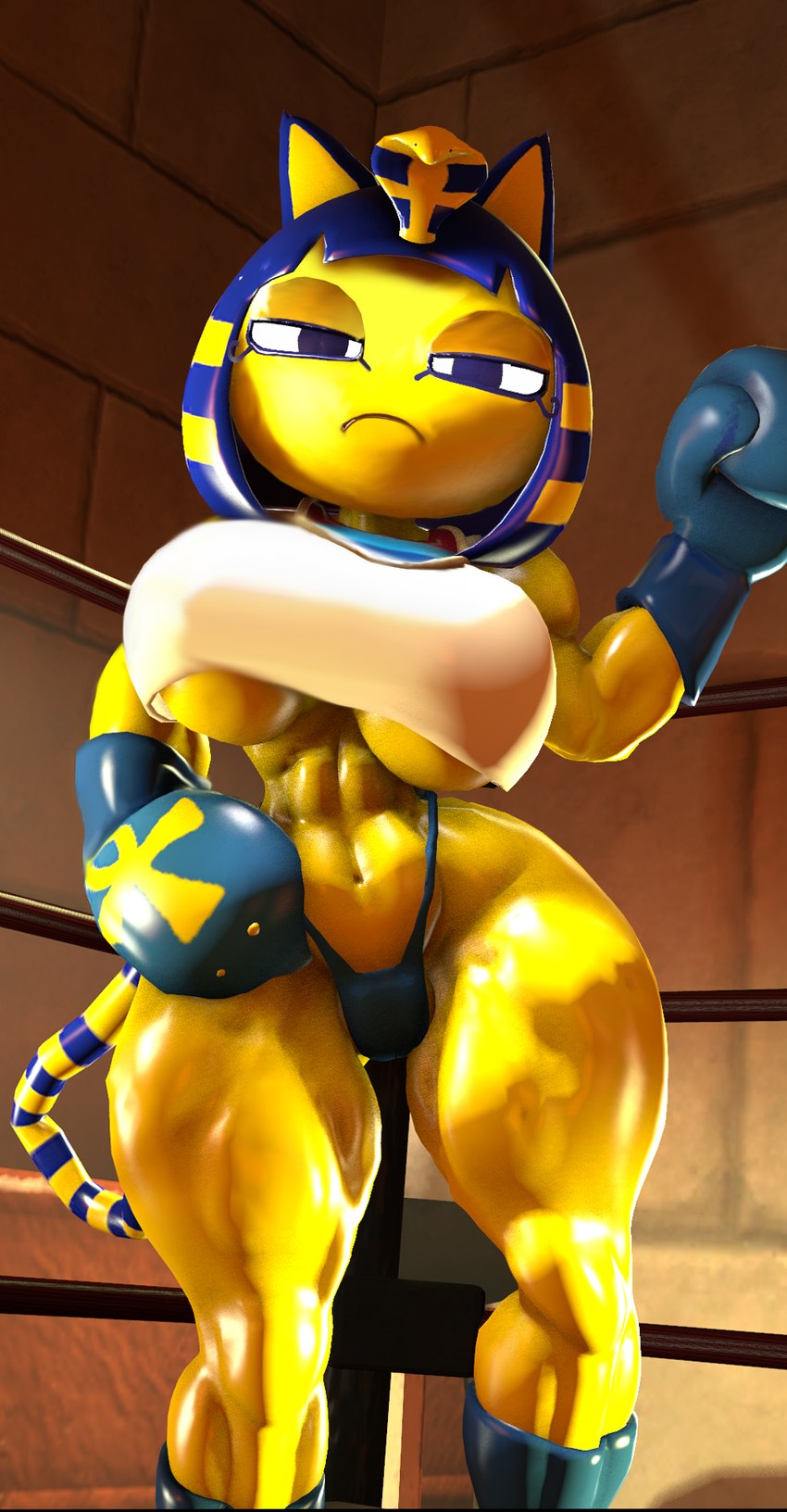 abs anthro biceps big_breasts blonde_hair blue_hair bottomwear boxing boxing_gloves breasts clothed clothing crop_top egyptian female fighting_ring frown hair hand_on_hip handwear inside looking_at_viewer multicolored_hair muscular muscular_anthro muscular_female muscular_thighs partially_clothed pecs shirt solo sport tail thick_thighs thong topwear two_tone_hair two_tone_tail under_boob underwear uraeus yellow_body yellow_inner_ear leafytheleafer animal_crossing nintendo ankha_(animal_crossing) domestic_cat felid feline felis mammal 3d_(artwork) digital_media_(artwork) hi_res source_filmmaker_(artwork)