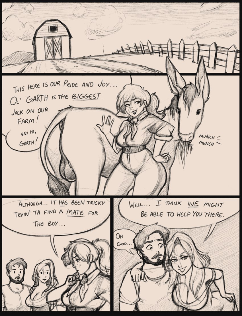 anus backsack balls barn beard big_breasts black_border border breasts cleavage clothed clothing dialogue eating facial_hair farm female feral fully_clothed genitals grazing group male mustache smile speech_bubble text honest_radish asinus donkey equid equine human mammal comic english_text greyscale hi_res monochrome sketch