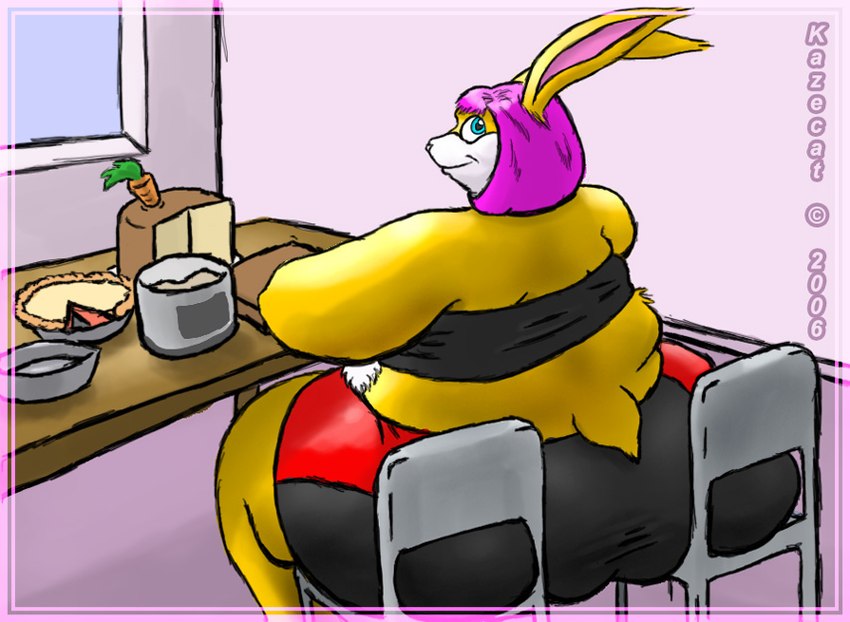 anthro belly big_belly big_butt bottomwear butt cake carrot carrot_cake chair clothed clothing dessert female food fur furniture hair huge_belly huge_butt huge_thighs inside larger_female navel obese obese_anthro obese_female on_chair overweight overweight_anthro overweight_female pastry pie pink_hair plant sitting sitting_on_chair size_difference solo tail thick_thighs topwear vegetable wide_hips window yellow_body yellow_fur kazecat jiggly_(kazecat) lagomorph leporid mammal rabbit 2006 digital_media_(artwork)