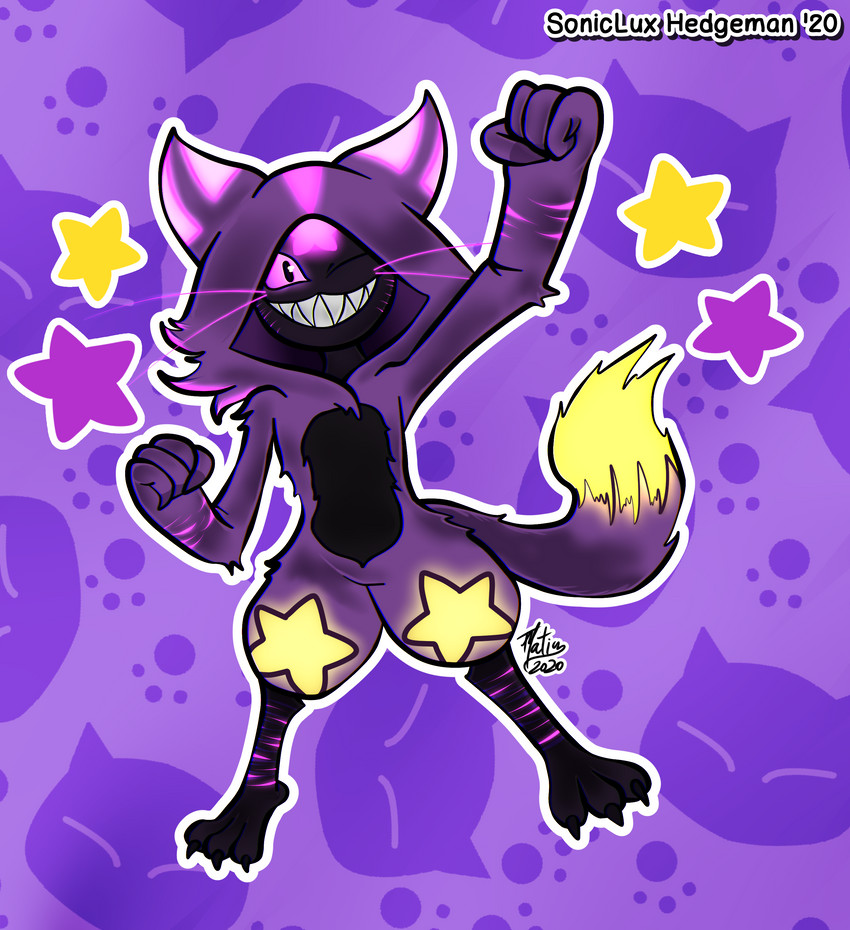 avian_feet big_teeth bird_legs clothing glowing glowing_eyes glowing_markings happy hoodie impsona male markings one_eye_closed outline purple_background raised_arm simple_background solo textured_background topwear wink sonicluxhedgeman soniclux impim absurd_res hi_res signature watermark