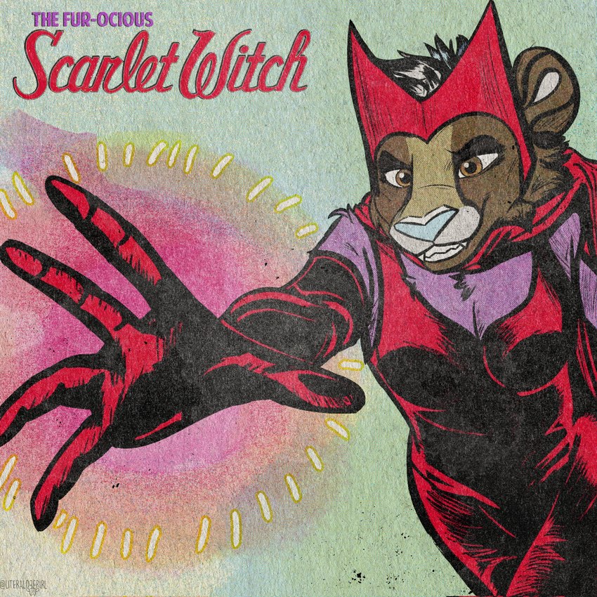 anthro black_hair blue_nose breasts brown_body brown_eyes brown_fur clothed clothing cosplay female female_anthro fur gloves hair handwear headgear headwear purple_text red_clothing red_gloves red_handwear red_text retro snout solo superhero superhero_costume teeth text literaldeerirl marvel scarlet_witch wanda_maximoff cougar felid feline mammal 1:1 2022 adobe_photoshop_(artwork) artist_name character_name digital_drawing_(artwork) digital_media_(artwork) english_text hi_res shaded