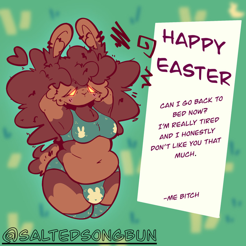 anthro belly biped bulge clothed clothing gynomorph gynomorph_anthro holidays intersex intersex_anthro partially_clothed profanity slightly_chubby text caramelody easter chichi_(caramelody) lagomorph leporid mammal rabbit 1:1 english_text hi_res
