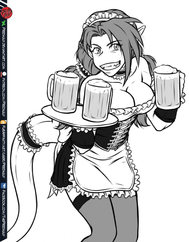 accessory alcohol apron barmaid beer beverage bottomwear breasts choker cleavage clothed clothing container corset cup eye_through_hair fangs female furgonomics garter garter_belt garter_straps hair humanoid_pointy_ears jewelry legwear lingerie logo long_ears long_tail looking_at_viewer maid_uniform miniskirt necklace not_furry pigtails pointy_ears pupils sharp_teeth skirt slit_pupils smile smiling_at_viewer solo stockings tail tail_accessory tail_garter teeth topwear translucent translucent_hair uniform predaguy vik_(predaguy) alien alien_humanoid humanoid artist_logo digital_media_(artwork) hi_res