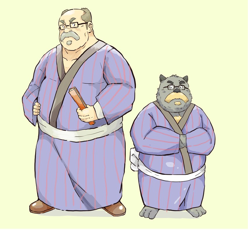 anthro clothing eyewear facial_hair fur glasses grey_body grey_fur kemono male mustache overweight overweight_male robe simple_background solo andikapatok ghibli pom_poko kincho_daimyojin_vi canid canine human mammal raccoon_dog tanuki 2015 absurd_res hi_res