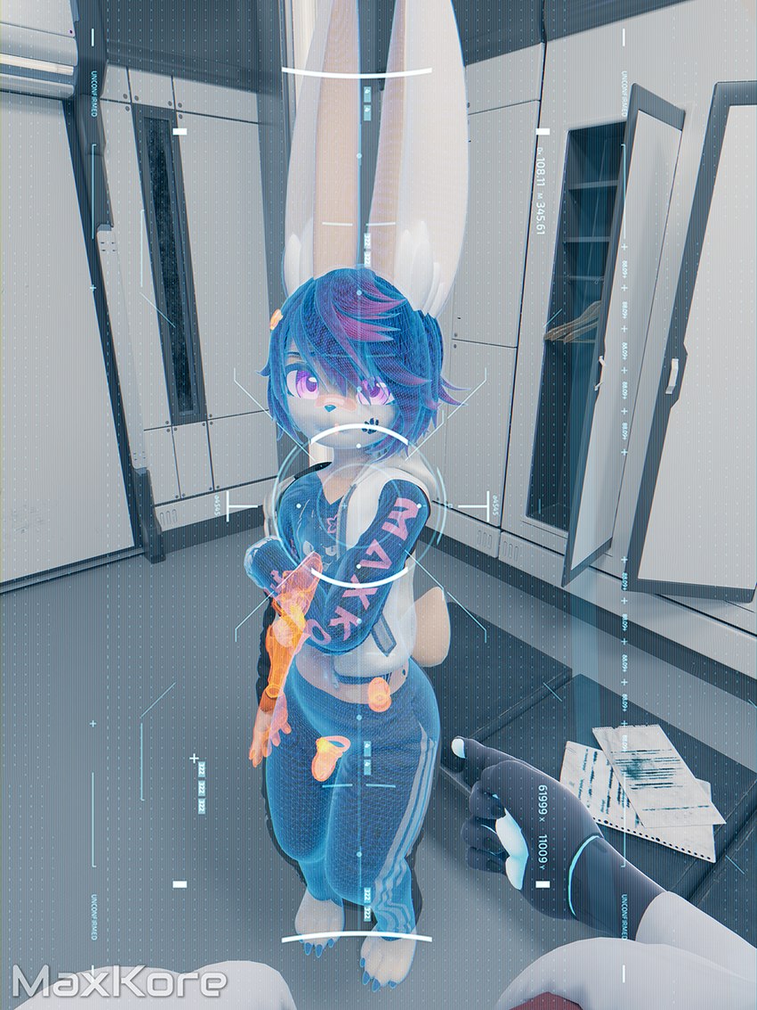 4_toes 5_fingers anthro band-aid band-aid_on_face bandage bandage_on_face black_hair bottomwear buttplug chastity_cage chastity_device claws clothed clothing coat cybernetic_arm cybernetic_limb duo feet female femboy fingers first_person_view footprint fur genitals gesture hair hand_gesture highlights_(coloring) hoodie hud inside lab_coat laboratory looking_at_viewer male male_focus markings orange_body orange_fur pants pawprint pawprint_(marking) penis piercing plug_(sex_toy) pointing purple_eyes sex_toy shy size_difference standing tail tattoo toes tongue tongue_piercing topwear undressing vest x-ray_vision maxkore vlad-lox_(modeler) hi-fi_rush microsoft tango_gameworks 808_(hi-fi_rush) 808_(vlad-lox) riley_(maxkore) lagomorph leporid mammal rabbit 2023 3d_(artwork) digital_media_(artwork) hi_res signature
