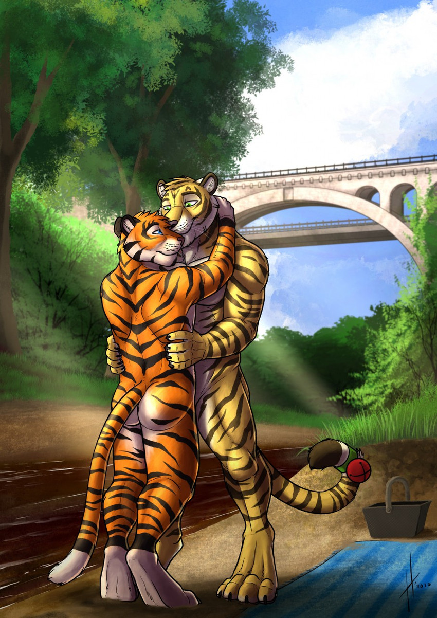 anthro black_body black_fur bridge detailed_background digitigrade duo forest fur hug male male/male nude orange_body orange_fur outside plant standing stripes tree white_body white_fur yellow_body yellow_fur hufnaar hufnaar_(character) ulbrek felid mammal pantherine tiger 2020 hi_res