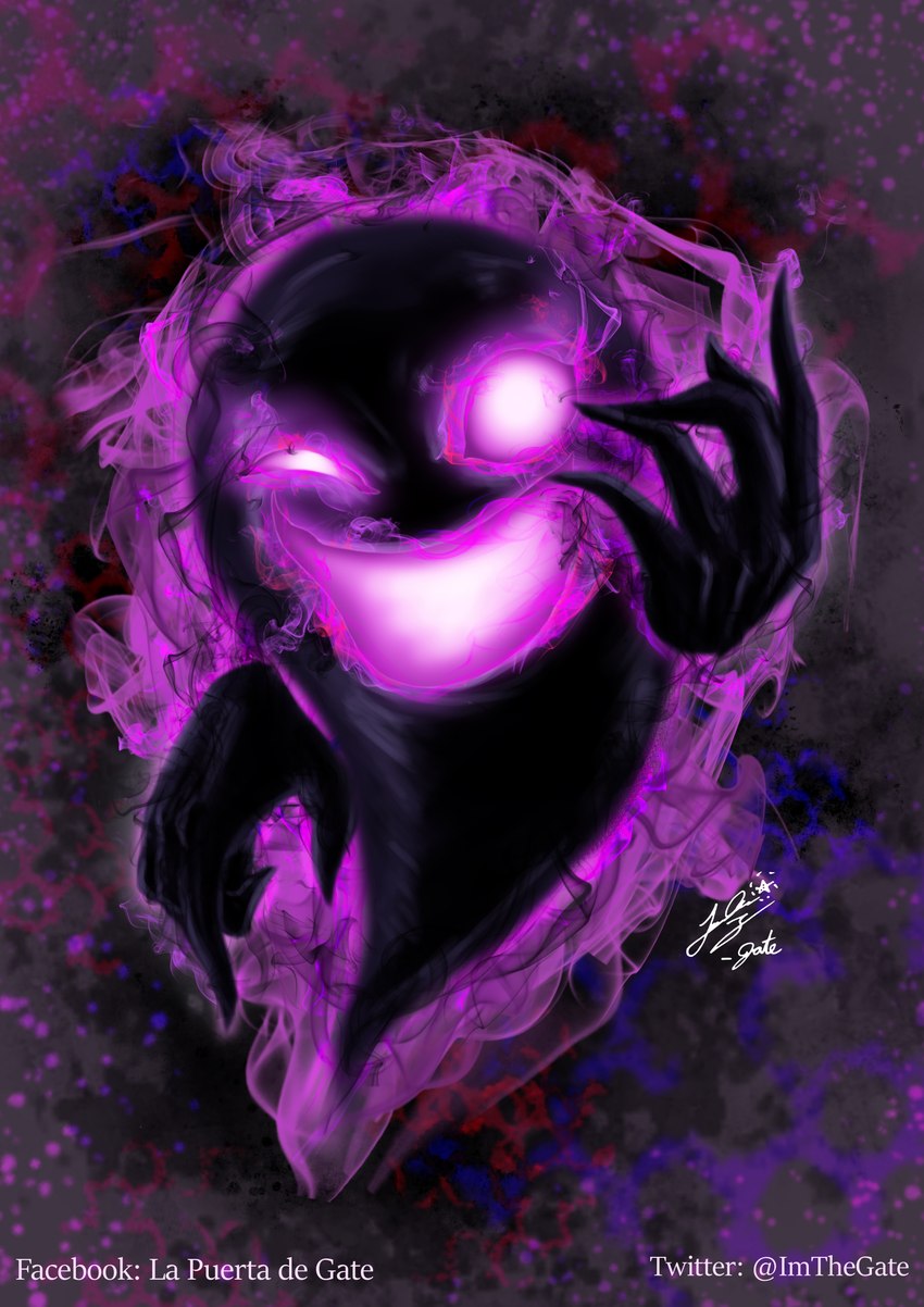 ambiguous_gender black_body glowing glowing_eyes not_furry purple_background purple_body purple_eyes simple_background smile solo imthegate nintendo pokemon ghost pokemon_tower_ghost spirit absurd_res hi_res signature