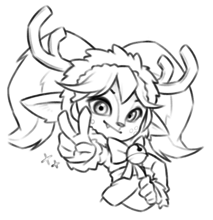 anthro antlers bell bow_ribbon female freckles gesture hand_gesture holidays horn humanoid_pointy_ears looking_at_viewer pointy_ears reindeer_antlers smile solo sparkles twintails_(hairstyle) v_sign hotpixa christmas league_of_legends riot_games tencent poppy_(lol) snow_fawn_poppy_(lol) deer faun humanoid mammal new_world_deer reindeer hi_res monochrome sketch